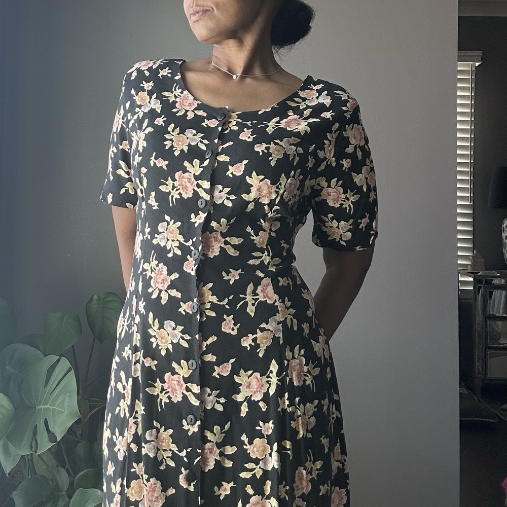 Vintage Ship N Shore Button Down Maxi Dress Womens 14 Black Floral Tie Back 90s - Picture 3 of 14